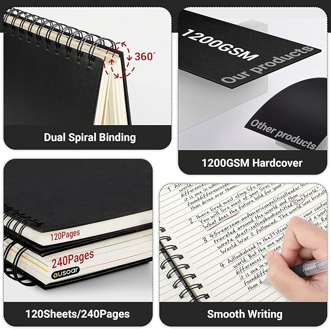 EUSOAR Hardcover Spiral Notebook, 6 Pack A5 5.5"x 8.3", 5 Subject Notebook, 120 Sheets/ 240 Pages, Premium Thick 100gsm, Large Journal Notebooks with Dividers for School Office Note Taking Gift