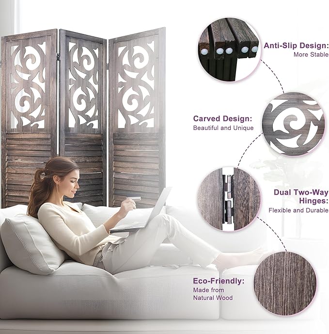 Room Divider, 5.6FT Folding Room Divider Panel, 4 Panel Craved Wood Partition Wall Divider for Room Separation, Rustic Brown