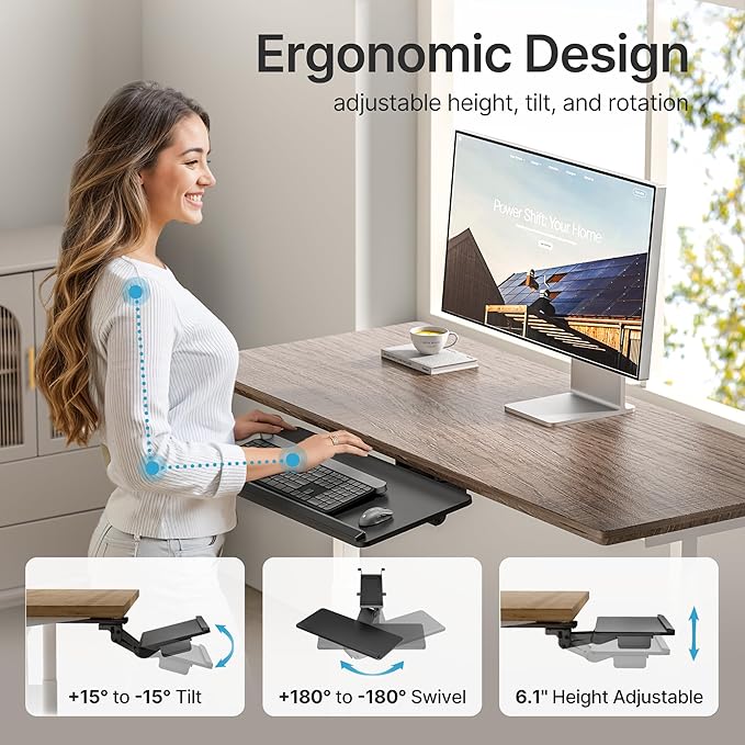Keyboard Tray Under Desk with Storage Drawer, Height Adjustable Keyboard Tray Slide Out Swivel Tilt, Ergonomic Under Desk Mount Keyboard & Mouse Holder for Gaming Home Office, 25x11'', Black