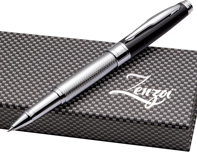 ZenZoi Executive Rollerball Pen Elegant Black & Silver. Smooth Writing Fine Point Gel Ink. Luxury Pen for Men or Women. Premium Business Gift Set