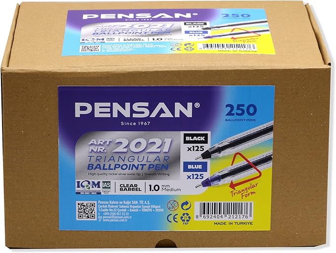 Ballpoint Pens Bulk Pack, 250-Count – (125 Black & 125 Blue) Ink Pens, 1.0mm Medium Point, Ergonomic Triangle Grip, Smooth Writing