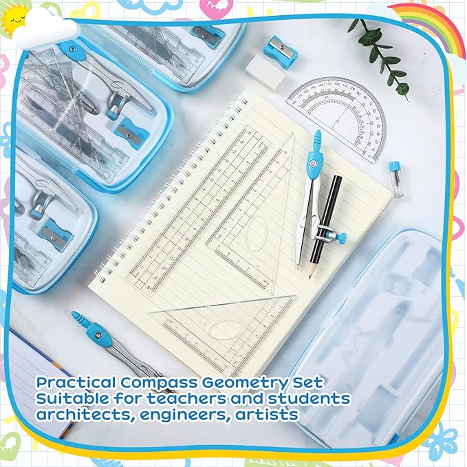 Teling 12 Sets Math Geometry Kit for Students 10 Pcs Compass Geometry Tools Set Includes Rulers Protractor Compass Eraser Pencil Sharpener Lead Refills Pencil (Blue)