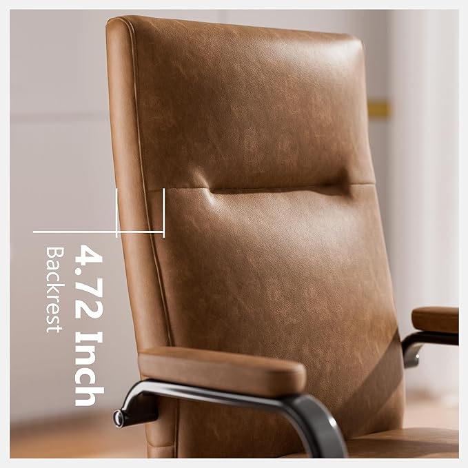 Brown Leather Office Chair with Wheels, Memory Foam Height Adjustable Computer Deak Chair, Rolling Swivel Executive Chair for Home Office