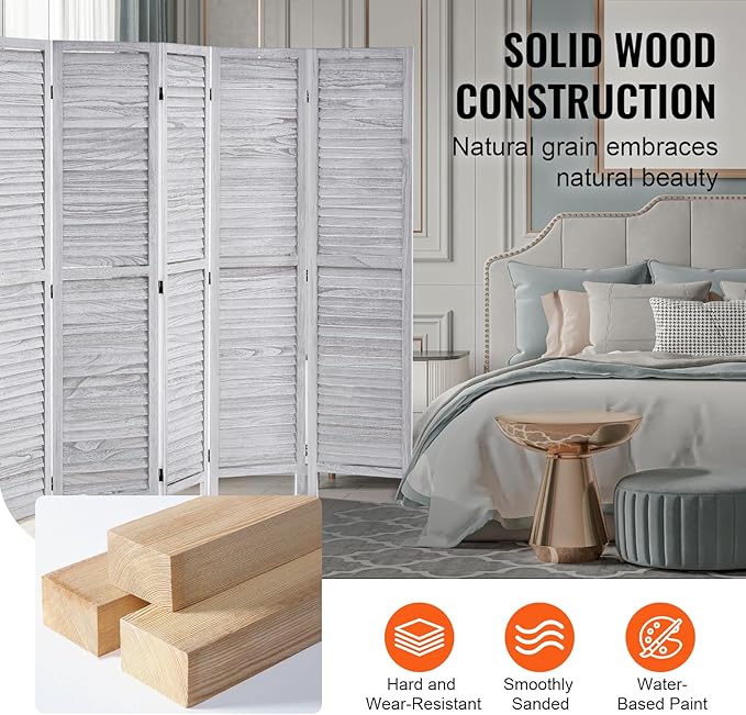 VEVOR Wood Room Divider, 6 Panel Wood Folding Privacy Screen, 66.9 Inches Tall Indoor Louvered Wooden Partition, Portable Decoration Screen, for Room Separation, Home, Office, Restaurant & Bedroom