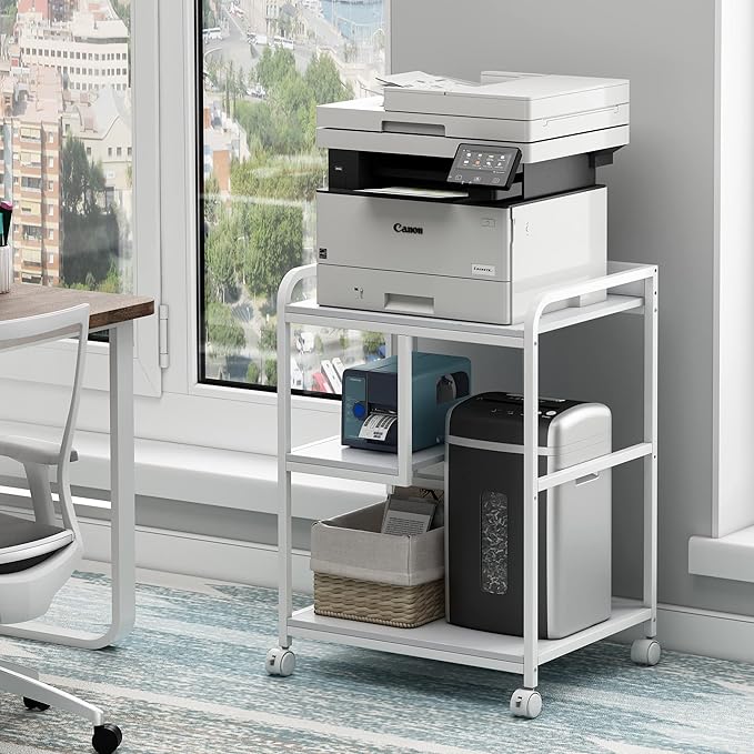 Large Printer Stand Table with Storage Shelf for Host Computer, PC Tower, CPU and Shredder, 3 Tier Rolling Printer Cart with Wheels for Home Office Storage and Organization - White