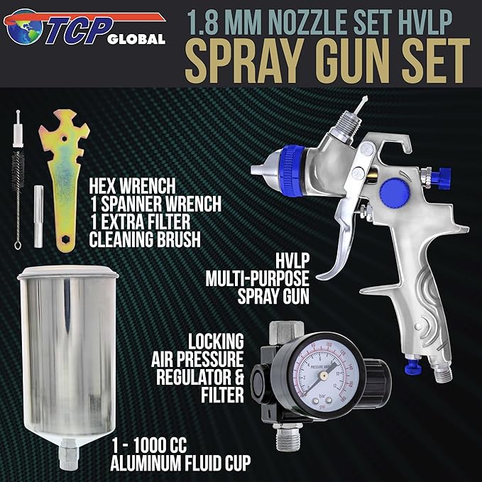 TCP Global Professional HVLP Spray Gun 1.8mm - Gravity Feed Auto Paint Gun Kit for Basecoat, Clearcoat, Primer - Spray Guns Paint Sprayer with Air Compressor Regulator (G6600-13)