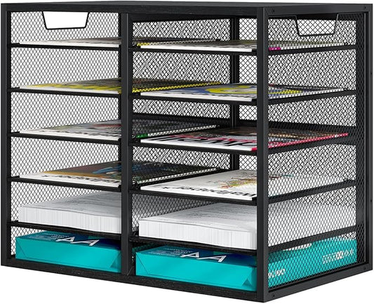 PAG Mass Mail Holder, Adjustable Countertop Literature Organizer, Student Mailbox, Desktop Bill Paper Organizer, 12 Compartments, Black