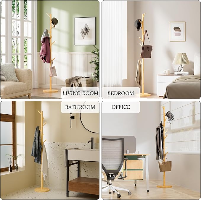 Wooden Coat Rack Freestanding with Round Base, Adjustable 4 Heights Sturdy Coat Hanger Stand 9 Hooks for Hanging Bags, Hats, Save Space Coat Tree for Narrow Place, Entryway, Bedroom, Office (Natural)