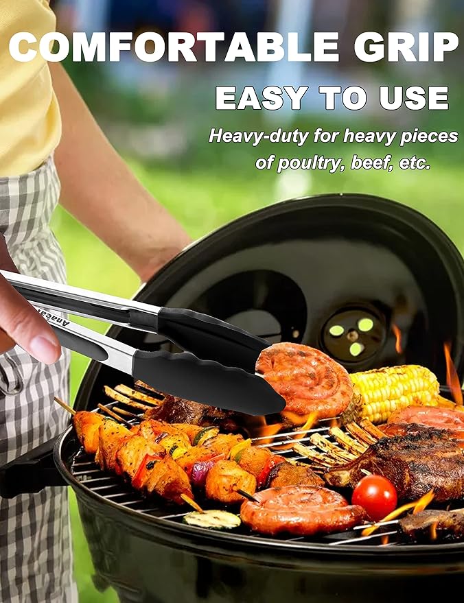 Anaeat Non-Stick Silicone Locking Tong - Stainless Steel 12" Kitchen Food Tongs with Non-Slip Silicone Tips and Grip for Cooking, Baking and BBQ - Heat Resistant up to 480°F (Black)