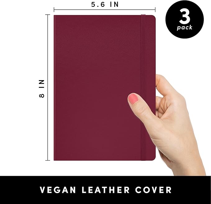 PAPERAGE Lined Journal Notebook, 3 Pack, (Burgundy), 160 Pages, Medium 5.6 in x 8 in - 100 GSM Thick Paper – Hardcover Journaling Notebook for Work, School & Note Taking