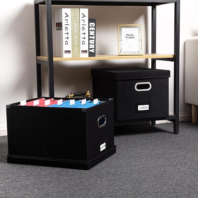 PRANDOM File Organizer Box - Set of 1 Collapsible Decorative Linen Filing Storage Hanging File Folders with Lids Office Cabinet Letter/Legal Size Black (17x14x11.2 inch)