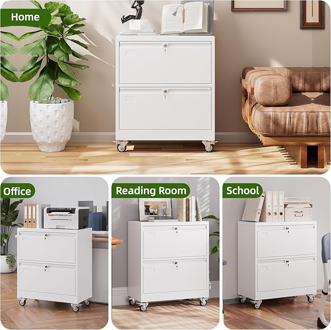 Aobabo 2 Drawer Wide File Cabinet with Wheels, Lockable Metal Filing Cabinet for Home Office, Legal/Letter Size,White,Required Assembled,15.87" D x 28.94" W x 34" H