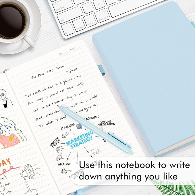 feela 5 Pack Notebooks Journals Bulk, Hardcover Notebook Classic Ruled Lined Journals with Pen Holder for Women Girls School Business Supplies, with 5 Black Pens, 120 GSM, 5.1”x8.3”, A5, Light Blue