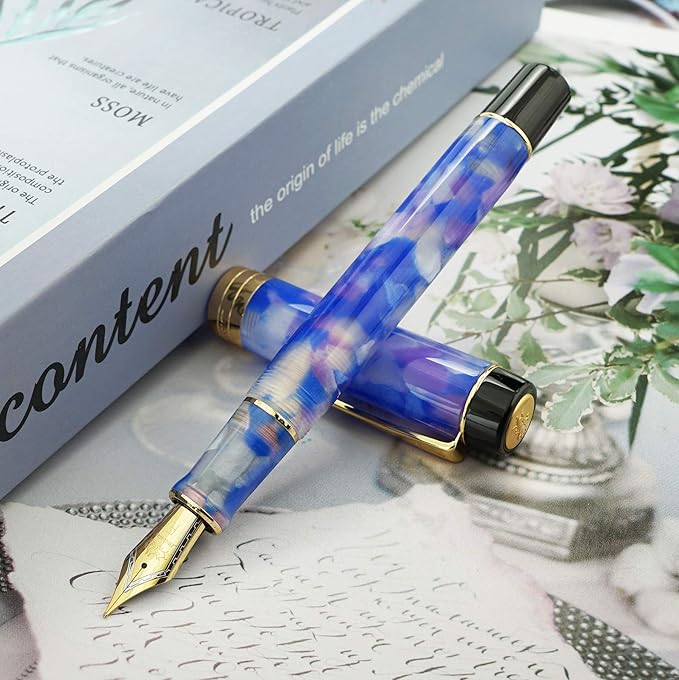 Jinhao 100 Fountain Pen Celluloid Classic Style, #6 Nib Smooth Writing Instrument with Refillable Converter and Pen Case Set