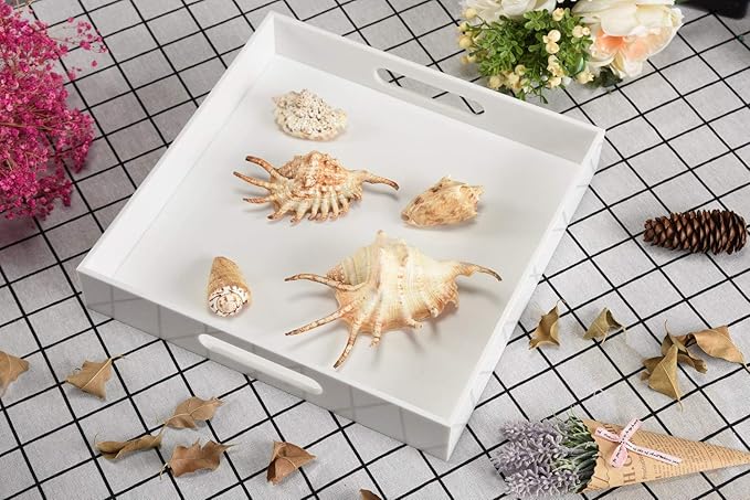 Glossy White Sturdy Acrylic Serving Tray with Handles-10x10Inch-Serving Coffee,Appetizer,Breakfast,Butler-Kitchen Countertop-Makeup Drawer Organizer-Vanity Table,Ottoman Tray-Decorative Tray