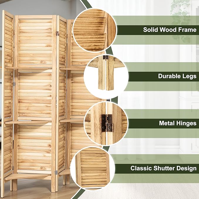 NicBex 4 Panel Room Divider 5.6FT Louvered Design Room Dividers with Display Storage Shelves Folding Privacy Screens Portable Freestanding Partition Wall Dividers for Home Bedroom Office, Natural Wood
