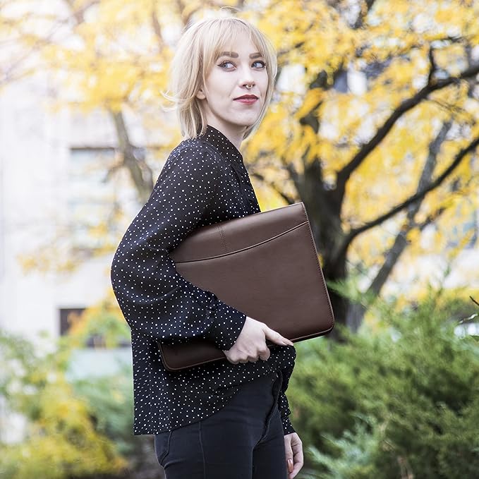 Cossini Premium Business Portfolio with Zipper – Padfolio - Superior Business Impressions Begin with PU Vegan Leather, 10.1 Inch Tablet Sleeve, Smart Storage, Solar Calculator, Writing Pad -Brown