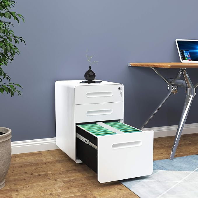 YITAHOME 3 Drawer Mobile File Cabinet, Metal Vertical File Cabinet with Lock, Filing Cabinet Under Desk fits Legal/A4 Size for Home Office, Fully Assembled, White
