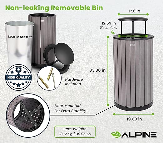 Alpine 32 Gallon Commercial Outdoor Trash Can - Heavy Duty Garbage Can Outdoor, Industrial Trash Can with Plastic Panels for Patio, Parks, Trails & Resorts (Rain Bonnet Lid - Grey)