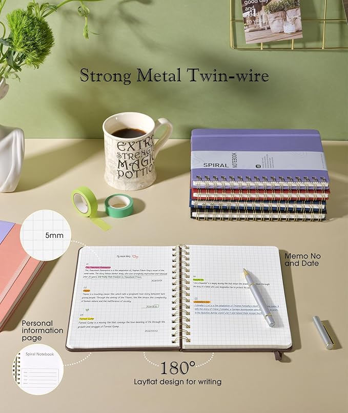 Graph Spiral Journal Notebook, A5 Hardcover Spiral Journals for Women Men, 100 GSM Graph Paper Notebooks, 150 Pages Spiral Bound Grid Notebook for Writing Note Taking Work 5.75" x 8.38", Dark Brown