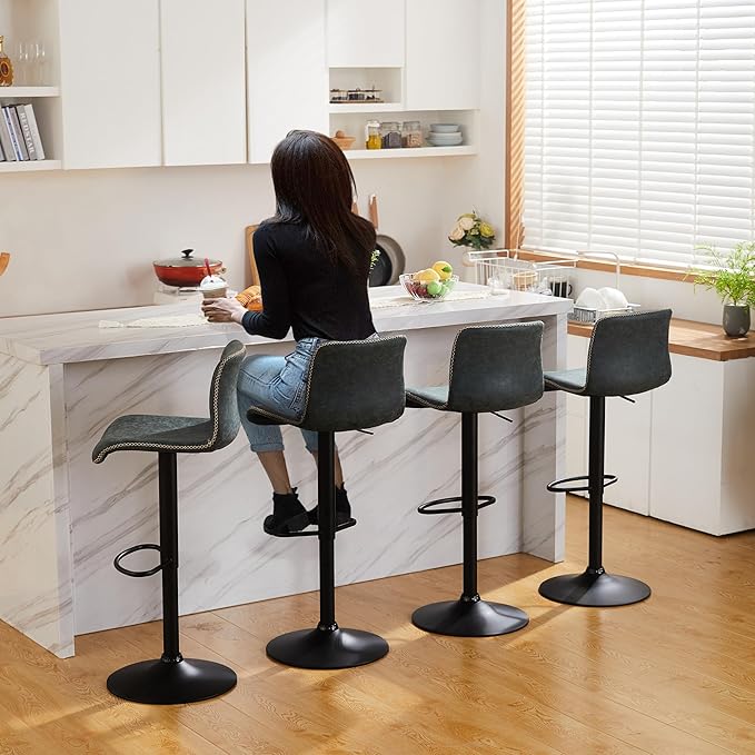 HeuGah Bar Stools Set of 3, Swivel Counter Height Barstools with Back, Adjustable Height 24" to 32", Faux Leather Bar Chairs for Kitchen Island (Deep Teal, Set of 3 (24'' to 32''))