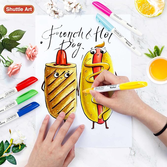 Shuttle Art Permanent Markers, 24 Colors Fine Point Assorted Colors Permanent Marker Set, Works on Plastic,Wood,Stone,Metal and Glass for Doodling, Coloring, Marking