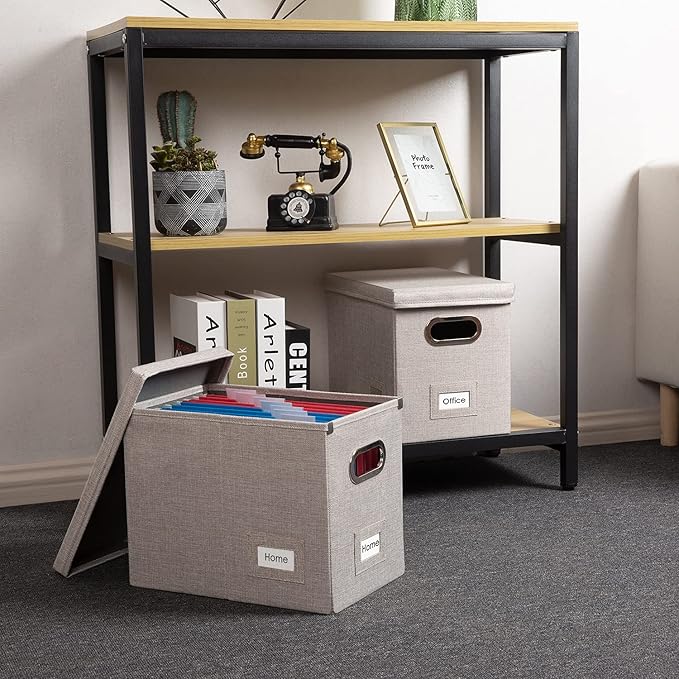 PRANDOM File Organizer Box - Set of 1 Collapsible Decorative Linen Filing Storage Hanging File Folders with Lids Office Cabinet Letter Size Light Grey (14x9.3x10.8 inch)