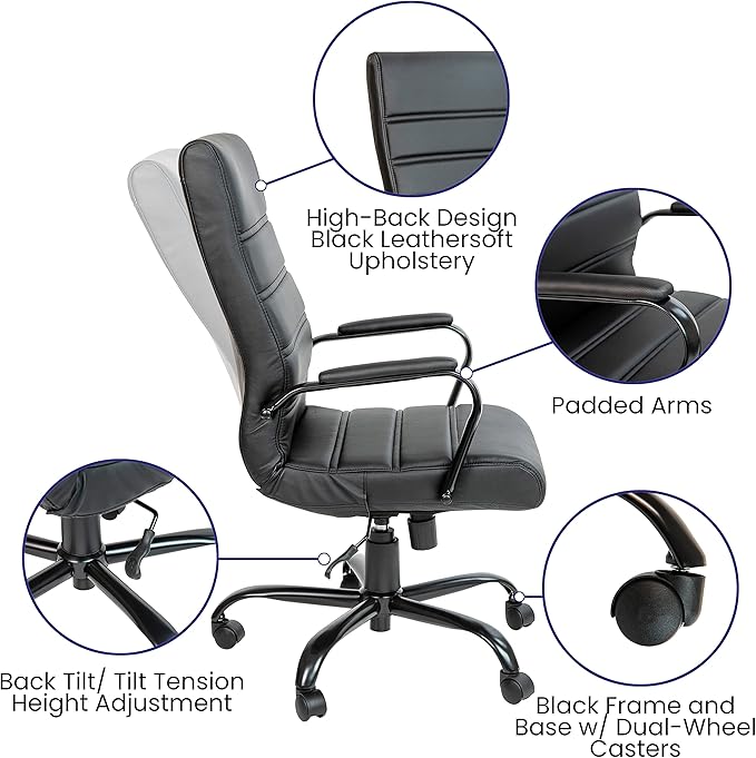 Flash Furniture Whitney High-Back Swivel LeatherSoft Desk Chair with Padded Seat and Armrests, Adjustable Height Padded Office Chair, Black