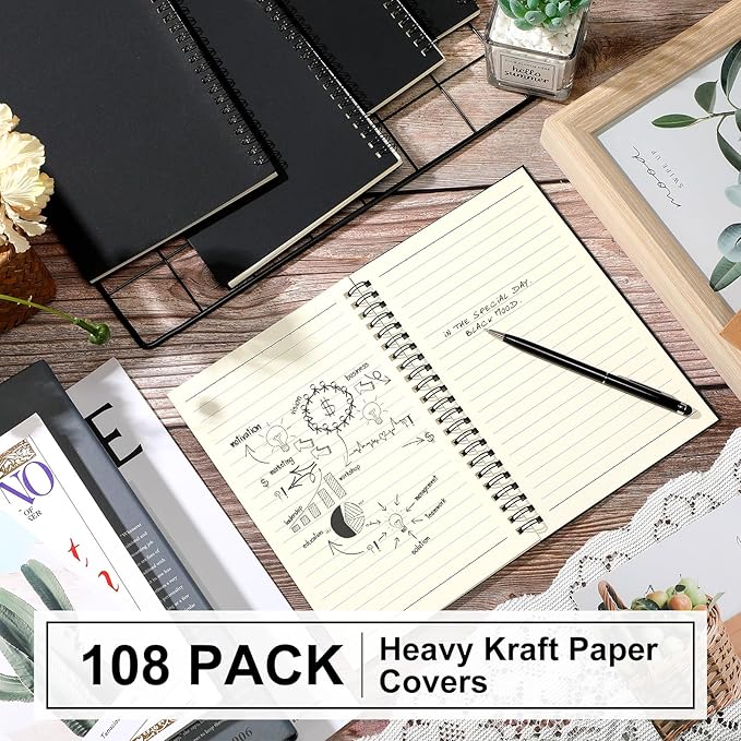 Yahenda 108 Pcs Spiral Notebook Bulk A5 Journal Lined 8.3'' x 5.5'' Writing Composition Paper Small Notepad Subject Notebook for Students Office Business Back to School Supplies (Black)