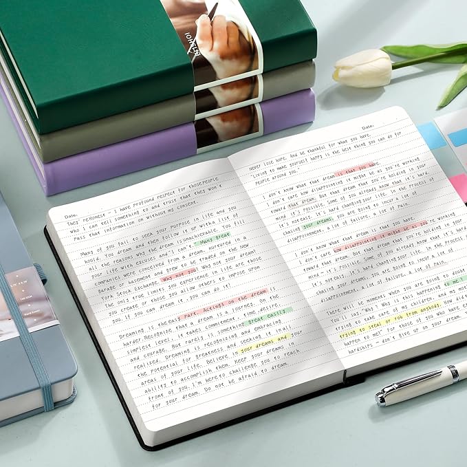 EMSHOI A5 College Ruled Notebook Journal- 400 Pages (200 sheets), 7mm Spacing & Vegan Leather Cover for Work, School, Bible Study, Bullet Journaling- with Sticky Notes, Pocket & Pen Hold- Purple