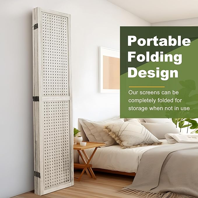 NicBex Room Divider 4 Panel Pegboard Display 5.6FT Wood PegBoard Room Dividers, Folding Privacy Screens Portable Display Board Wall Divider for Craft/Art Shows, Room Separation, Natural Wood