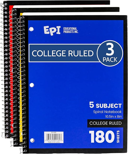 EPI Spiral Notebook | 5 Subject - College Ruled - 180 Sheets, Durable Spiral Binding | 10.5 x 8 in | Classroom Supplies | School, Office, Note Taking, Journaling - 3 Pack