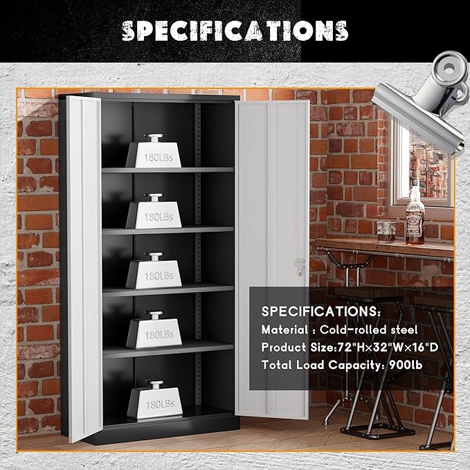 Greenvelly Metal Garage Storage Cabinet with Lock, 72”Metal Storage Cabinet with 2 Doors and 4 Adjustable Shelves, Steel Tool Cabinet for Garage,Home Office, School,Gym (Black Grey)