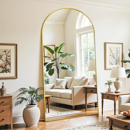 Full Length Mirror, 78"x38" Oversized Floor Mirror Freestanding, Full Body Mirror Floor Standing Mirrors with Stand, Hanging Mounted Mirrors for Bedroom Living Room, Gold, Arched Style