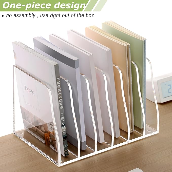 SANRUI Acrylic Desk File Organizer, 6 Vertical Compartments Clear Magazine File Holder Workspace Sorters, Folder Rack for Office Accessories Organization Storage