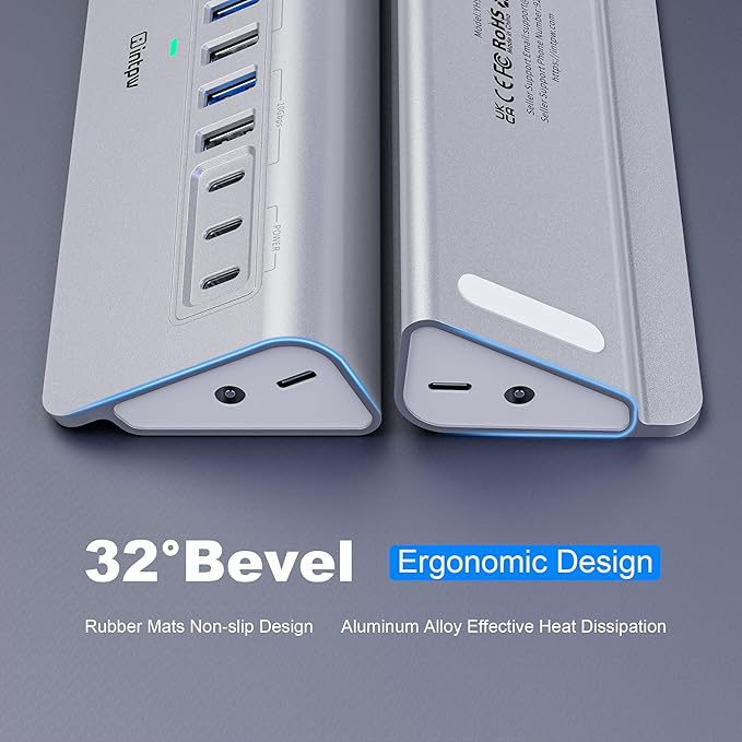 Powered USB Hub 10Gbps, intpw 12 Port USB C Hub with 10Gbps USB C 3.2, 2 USB A 3.2, 7 USB 3.0, 2 PD 45W Charging Ports, 65W Power Adapter and 3.3FT Cable, Aluminum USB Hub for Laptop, iPhone16/15, PC