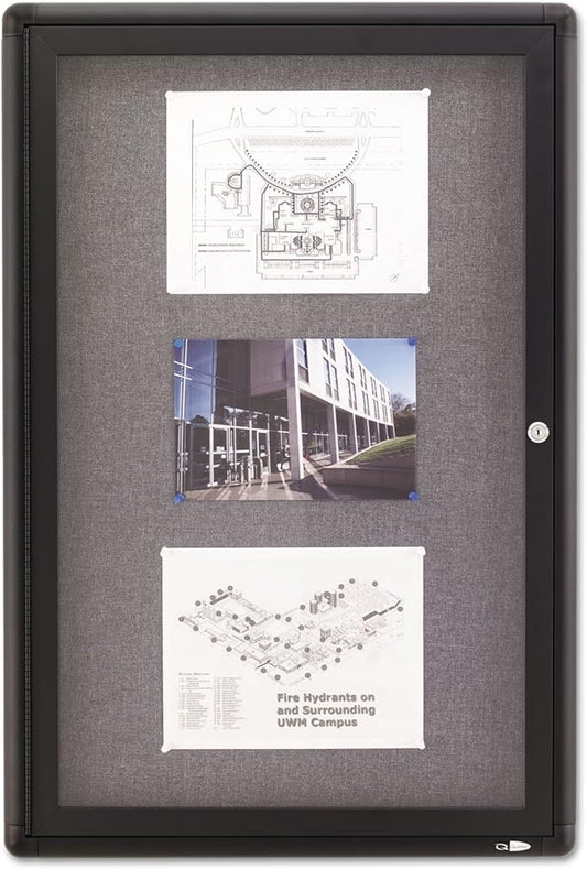 Quartet Enclosed Fabric Bulletin Board, 2 x 3 Feet, 1 Door, Black Frame with Gray Fabric (2363L)