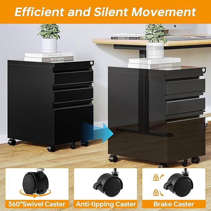 STANI 3 Drawer Mobile File Cabinet with Lock Under Desk Metal Filing Cabinet Locking Office Mobile Cabinet with Wheels Under Desk Office Drawers Rolling Mobile File Cabinet Assembly Required Black