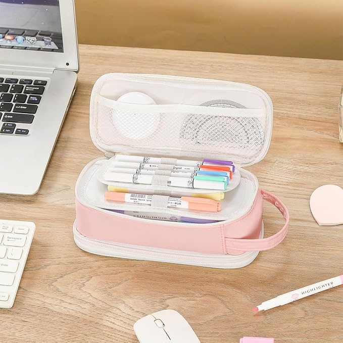 Pencil Case Large Zipper Pencil Pouch for Girls Kids Teens Adults Aesthetic Pencil Bag Stationery Organizer Pen Pencil Case with Handle for School Pink