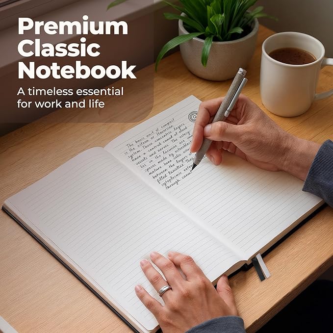 Thick Lined Journal Notebook 8.5x11" with Big A4 Hardcover Leather - Black - 300 Pages College Ruled Large with Sticky Tabs, Pockets, & Pen Loop for Writing and Journaling - Hard Cover Fancy Notebook