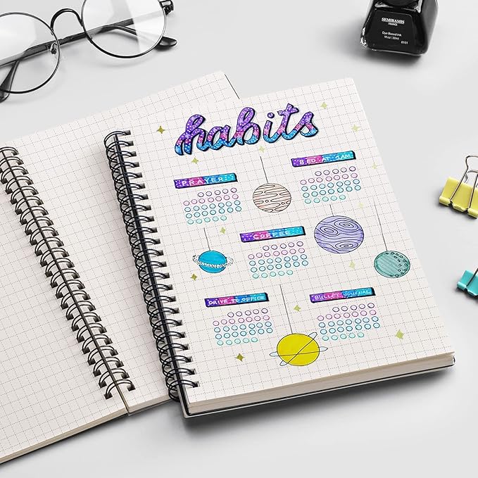 EMSHOI Graph Spiral Notebook 4 Pack, A5 Graph Paper Notebook/Journal, Waterproof PVC Cover, 100GSM Thick Paper, with Free Sticky Notes, 80 Sheets/160 Pages Per Book, 5.7" x 8.22", Coffee Blue