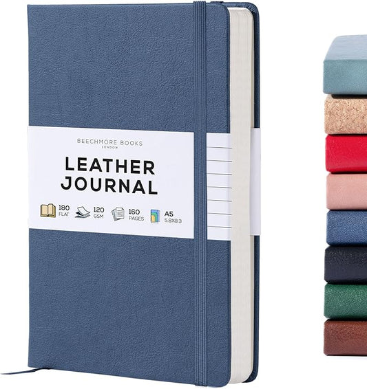 BEECHMORE BOOKS Lined Journal Notebook, 5.8 x 8.3 inch, A5 160 Lined Pages, Hardcover Leather Journals for Women, Men, Writing and Notebooks for Work - 120 GSM Thick Paper, Gifts Box Included