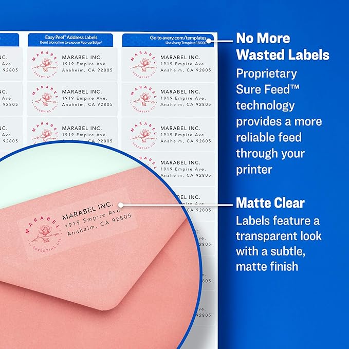 Avery Matte Clear Address Labels, Sure Feed Technology, Inkjet, 1" x 2-5/8", 300 Labels, 5 Packs (18660)