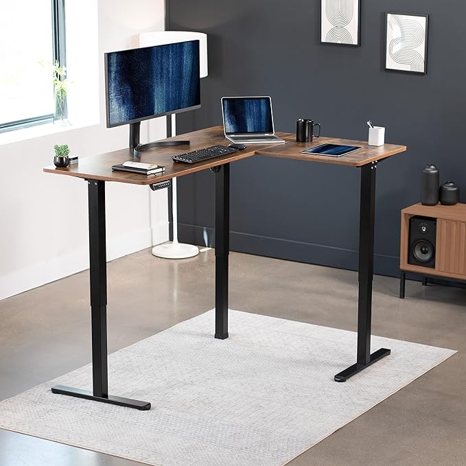 VIVO Electric Corner L-Shaped 63 x 47 in Rustic Standing Desk, Memory Height Adjustment, Vintage Brown Top Black Frame, DESK-E3CTN-47