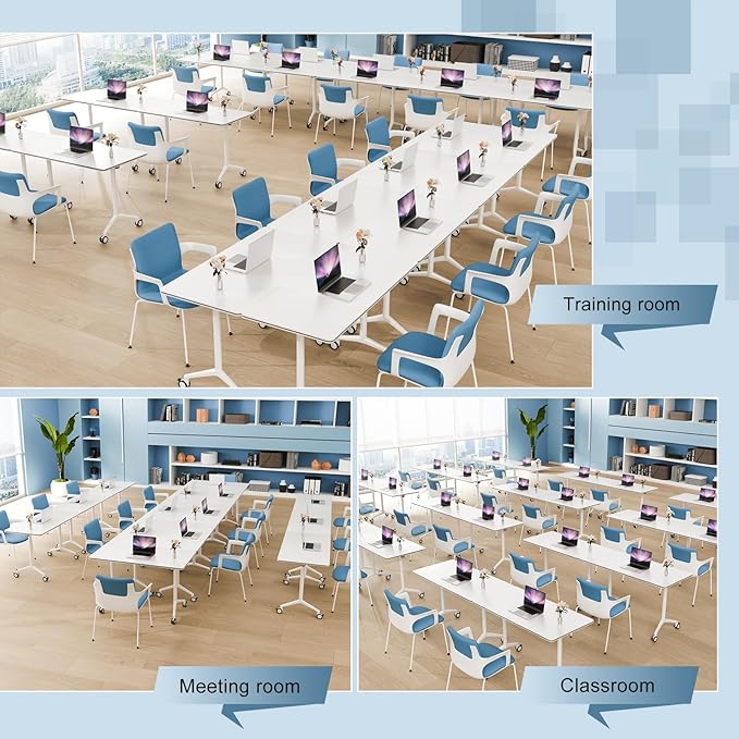 6Pack Folding Conference Room Table, Modern Conference Tables with Silent Wheels, Large Rectangular Mobile Training Tables for Office Classroom, Foldable Modular Seminar Table White (L63in)