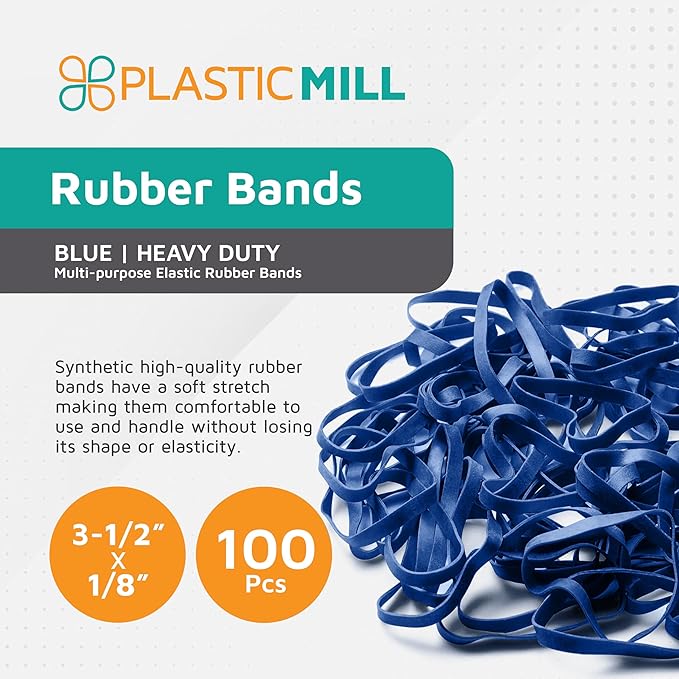 PlasticMill Blue Rubber Bands Size 33 (3 1/2" x 1/8") - #33 Colored Rubber Bands Office Supplies - Strong, Elastic Bands for Crafts, Balloon Garland, Cash, File Folders (100-Pack)
