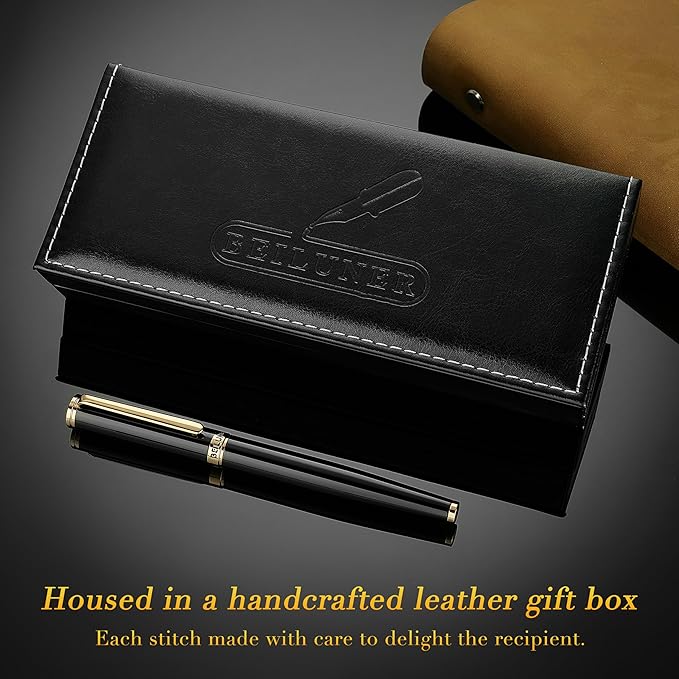 BEILUNER Black Fountain Pen,Stunning Luxury Piano Lacquer,24K Gilded Nib(Medium),Gorgeous 24K Gold Finish,Ink Converter, Gift for Men&Women-Elegant, Reliable, Office, Professional Pens for Writing