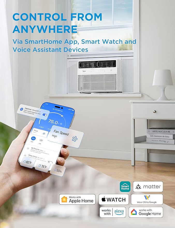 Midea 12,000 BTU Smart Inverter Window Air Conditioner with APP, Alexa Control, 115V AC Unit Cools up to 550 Sq. Ft, Quiet Operation, Energy Saving, Remote & Easy Installation Kit, White