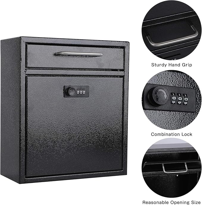 xydled Wall-Mount Mailboxes with Combination Lock, Steel Combination Lock Mail Boxes Outdoor, Locking Wall Mount Mailbox, Security Key Drop Box, 13.4H x 11.6L x 5.8W Inches, Black, Large
