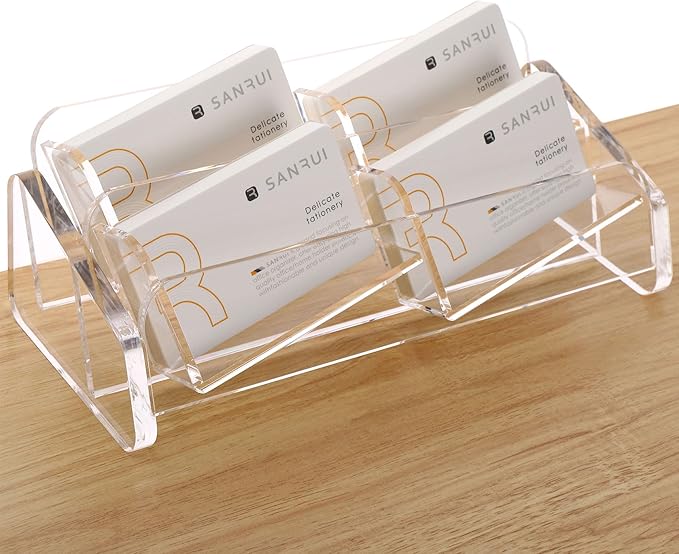 SANRUI Business Card Holder for Desk, Slant Clear Acrylic Desktop Cards Organizer, 2 Tier 4 Slots, Holds 240 Cards